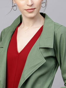 Olive Green Denim Solid Longline Open Front Shrug